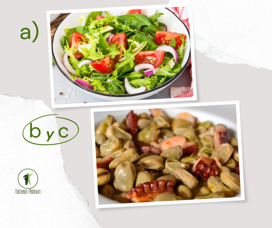 Ensalada variada de brotes tiernos y tomate con habas con pulpo.